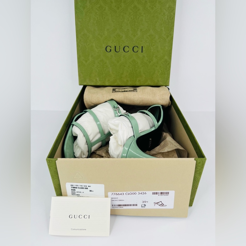 Gucci Pacific Green Glossy Leather Horsebit Heel Mule Sandals Size EU 39.5 - Picture 3 of 11